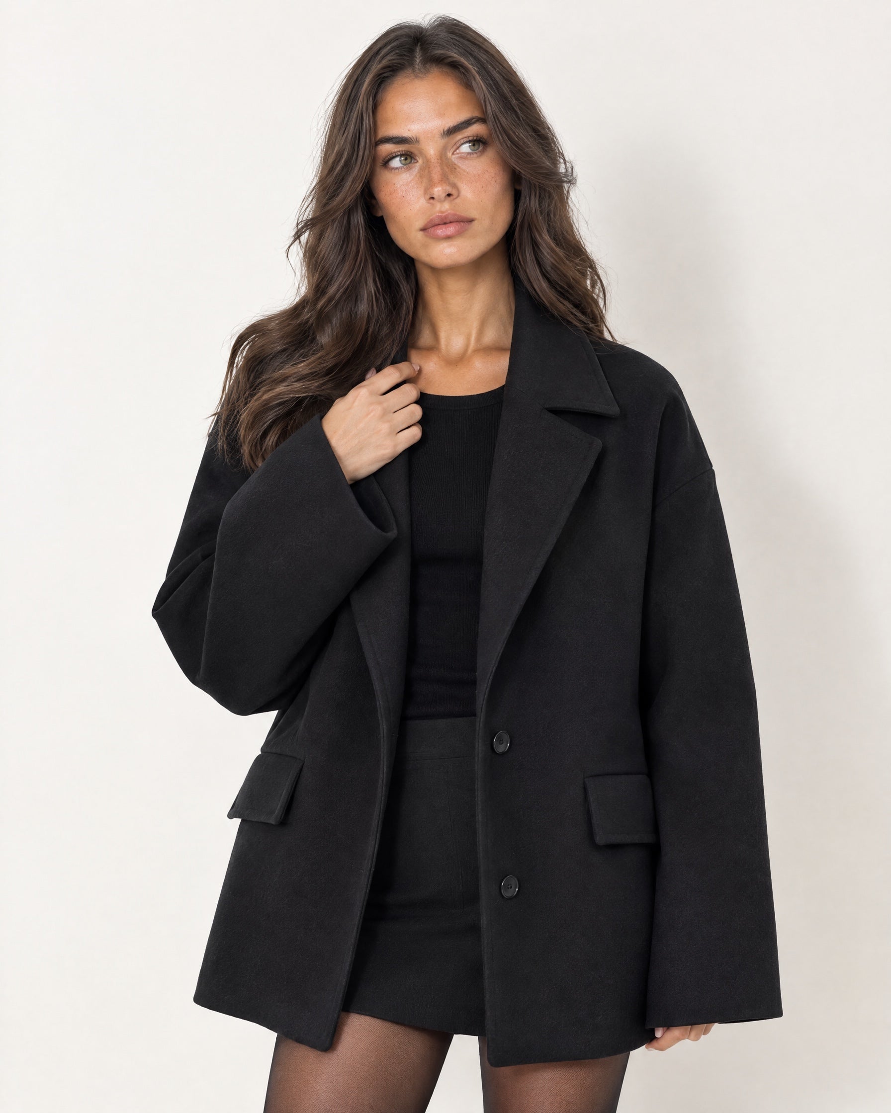 Black Oversized Coat Short with Notch Lapels