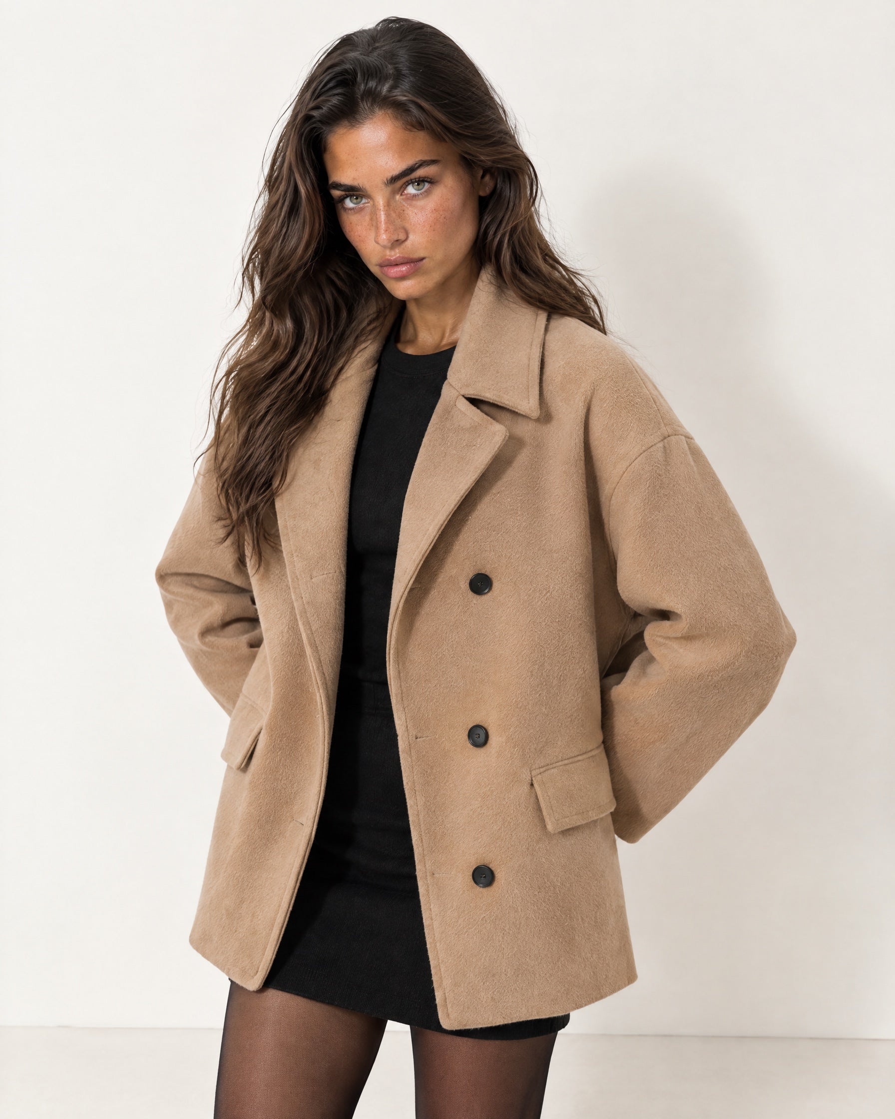 Camel Oversized Coat Short with Notch Lapels