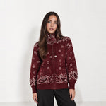 Burgundy Zip Cardigan Paisley Jacquard Stand Collar