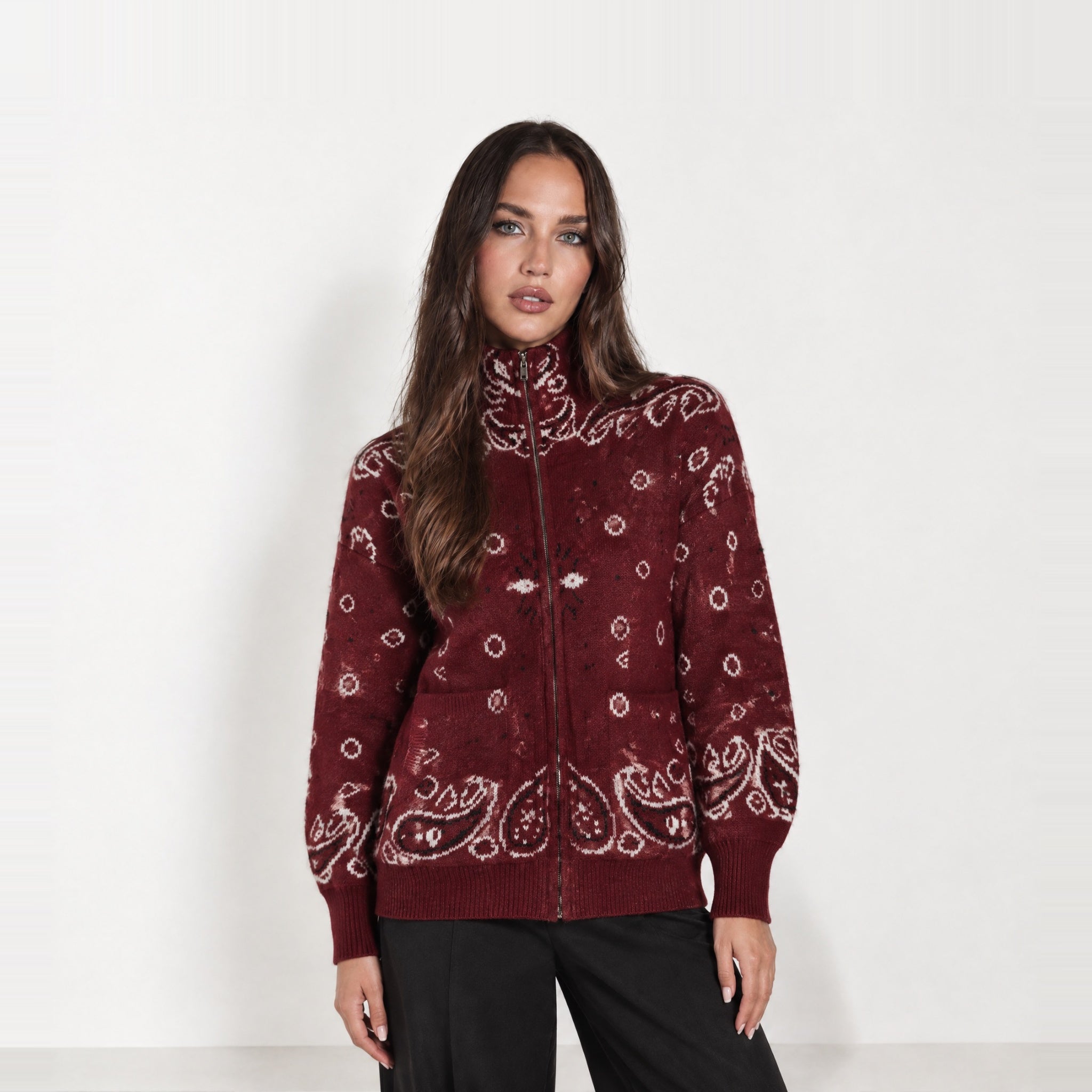 Burgundy Zip Cardigan Paisley Jacquard Stand Collar