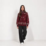 Burgundy Zip Cardigan Paisley Jacquard Stand Collar