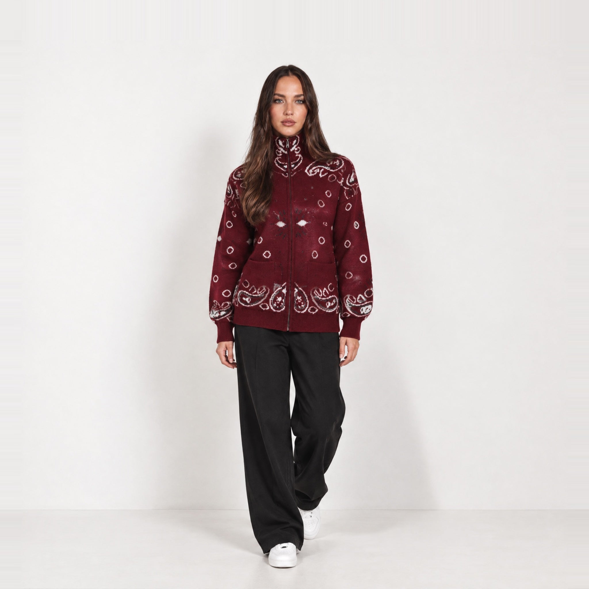 Burgundy Zip Cardigan Paisley Jacquard Stand Collar