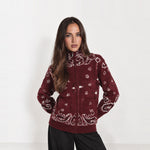 Burgundy Zip Cardigan Paisley Jacquard Stand Collar