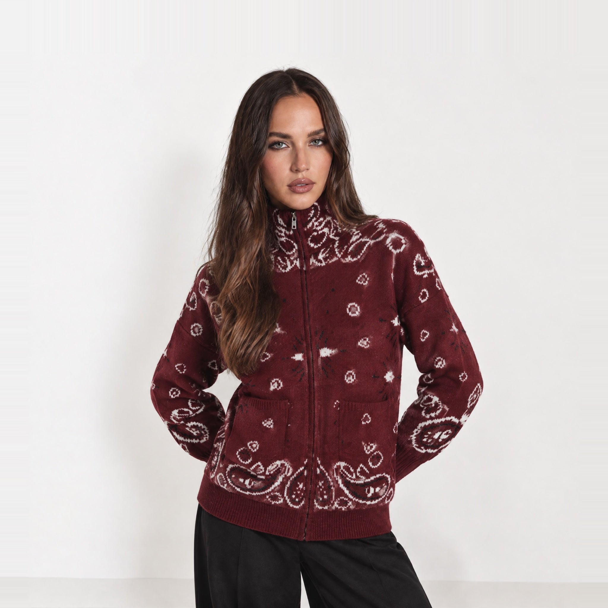 Burgundy Zip Cardigan Paisley Jacquard Stand Collar