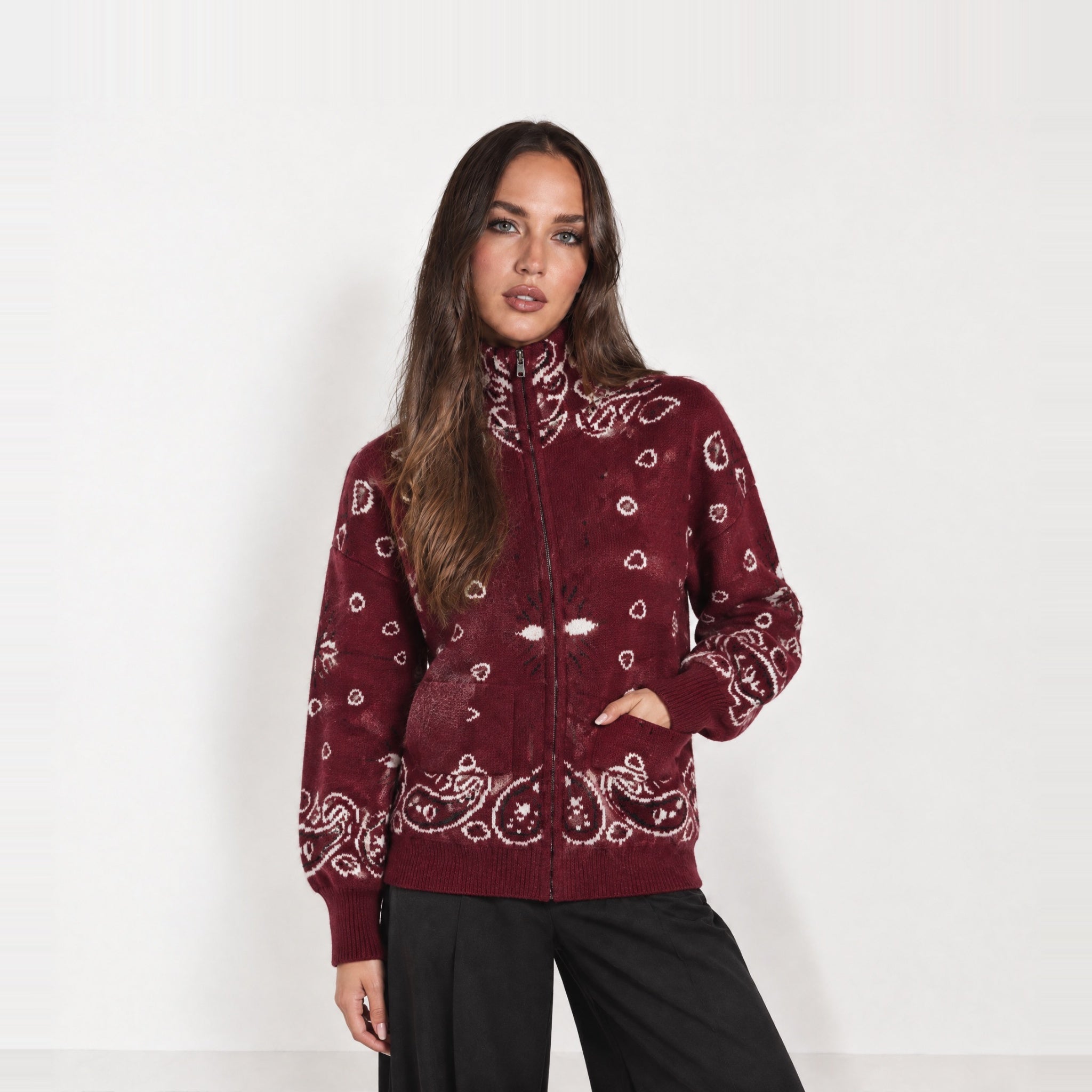 Burgundy Zip Cardigan Paisley Jacquard Stand Collar