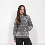 Dark Grey Zip Cardigan Paisley Jacquard Stand Collar