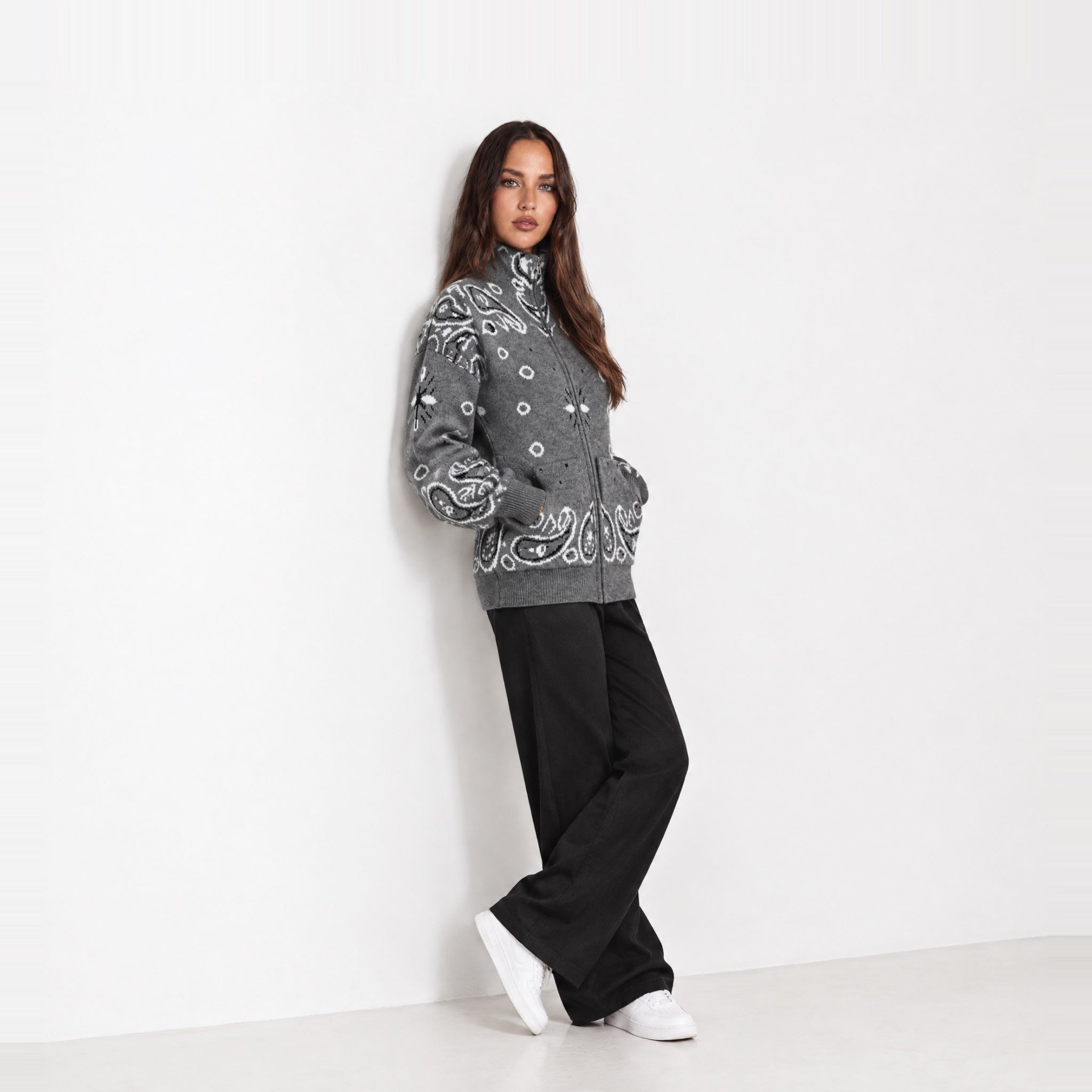 Dark Grey Zip Cardigan Paisley Jacquard Stand Collar