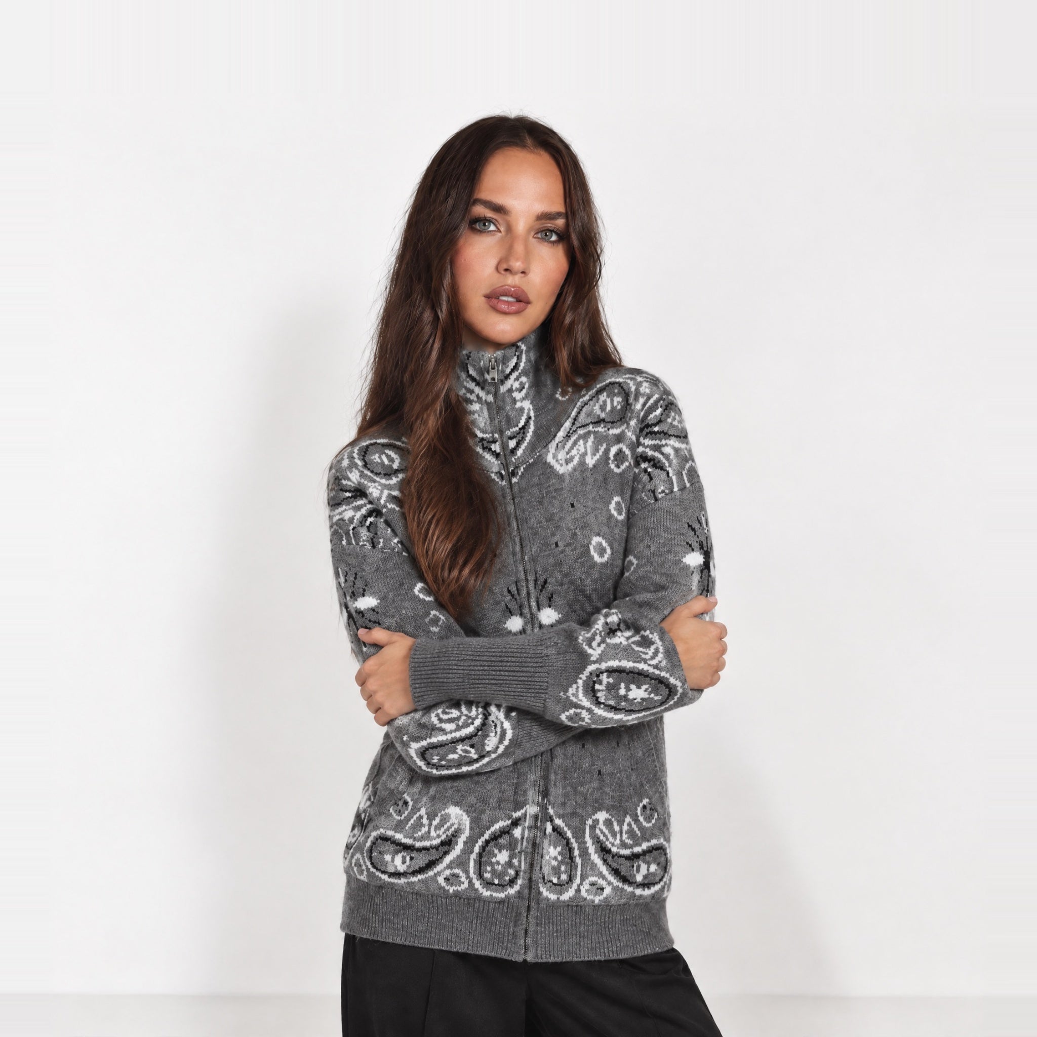 Dark Grey Zip Cardigan Paisley Jacquard Stand Collar