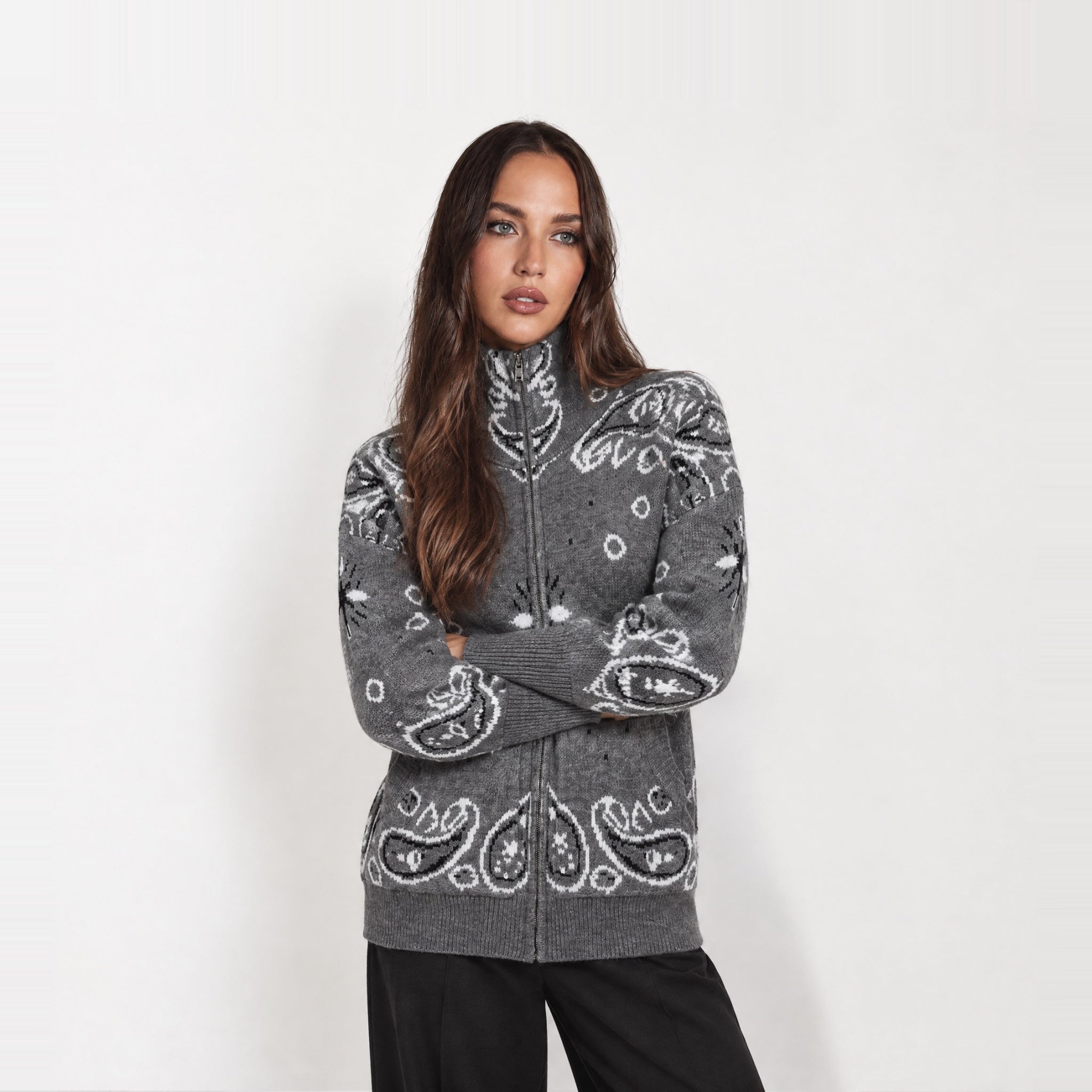 Dark Grey Zip Cardigan Paisley Jacquard Stand Collar