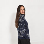 Navy Zip Cardigan Paisley Jacquard Stand Collar