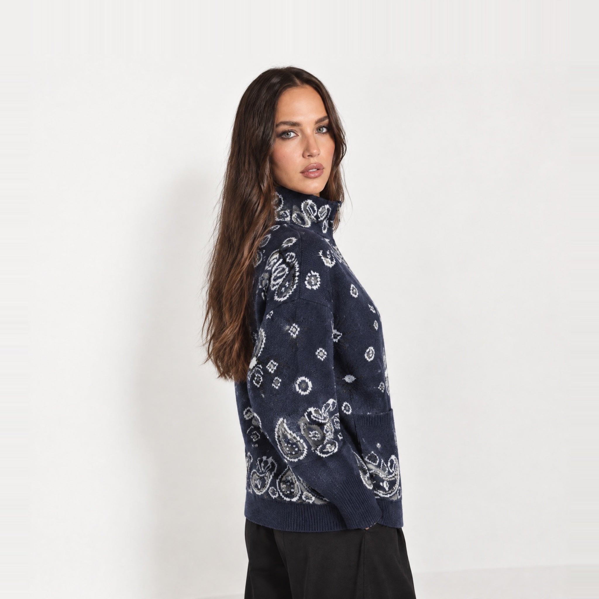 Navy Zip Cardigan Paisley Jacquard Stand Collar