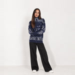 Navy Zip Cardigan Paisley Jacquard Stand Collar