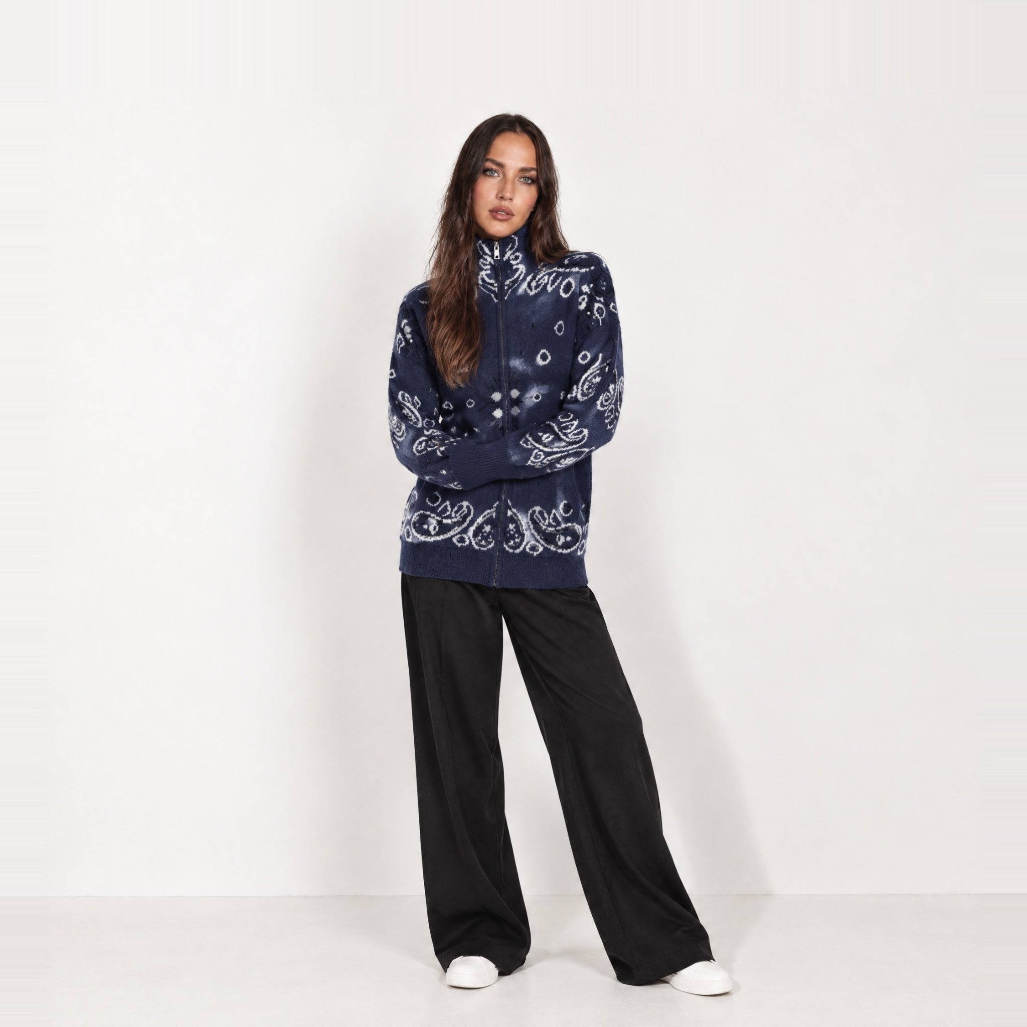 Navy Zip Cardigan Paisley Jacquard Stand Collar