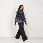 Navy Zip Cardigan Paisley Jacquard Stand Collar