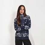 Navy Zip Cardigan Paisley Jacquard Stand Collar