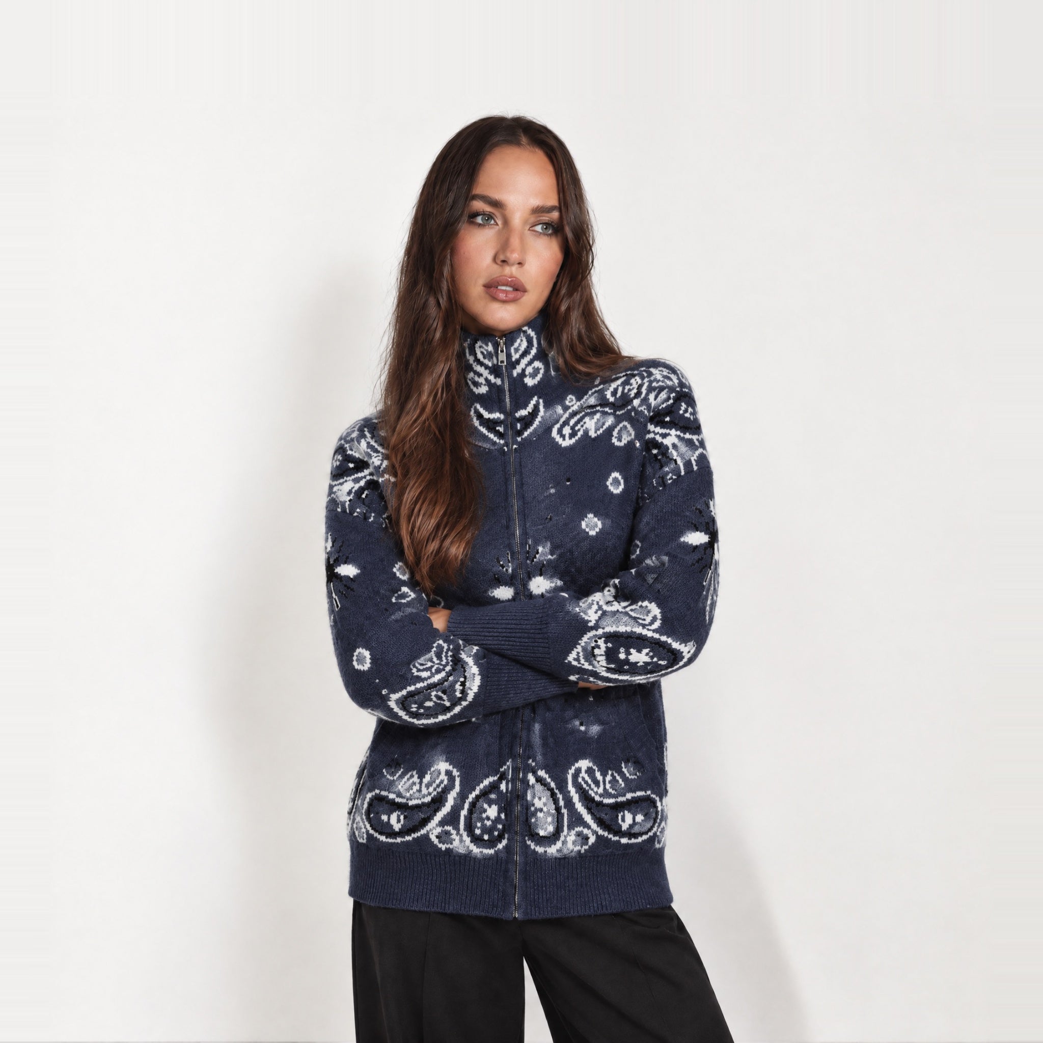 Navy Zip Cardigan Paisley Jacquard Stand Collar