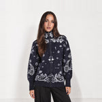 Navy Zip Cardigan Paisley Jacquard Stand Collar