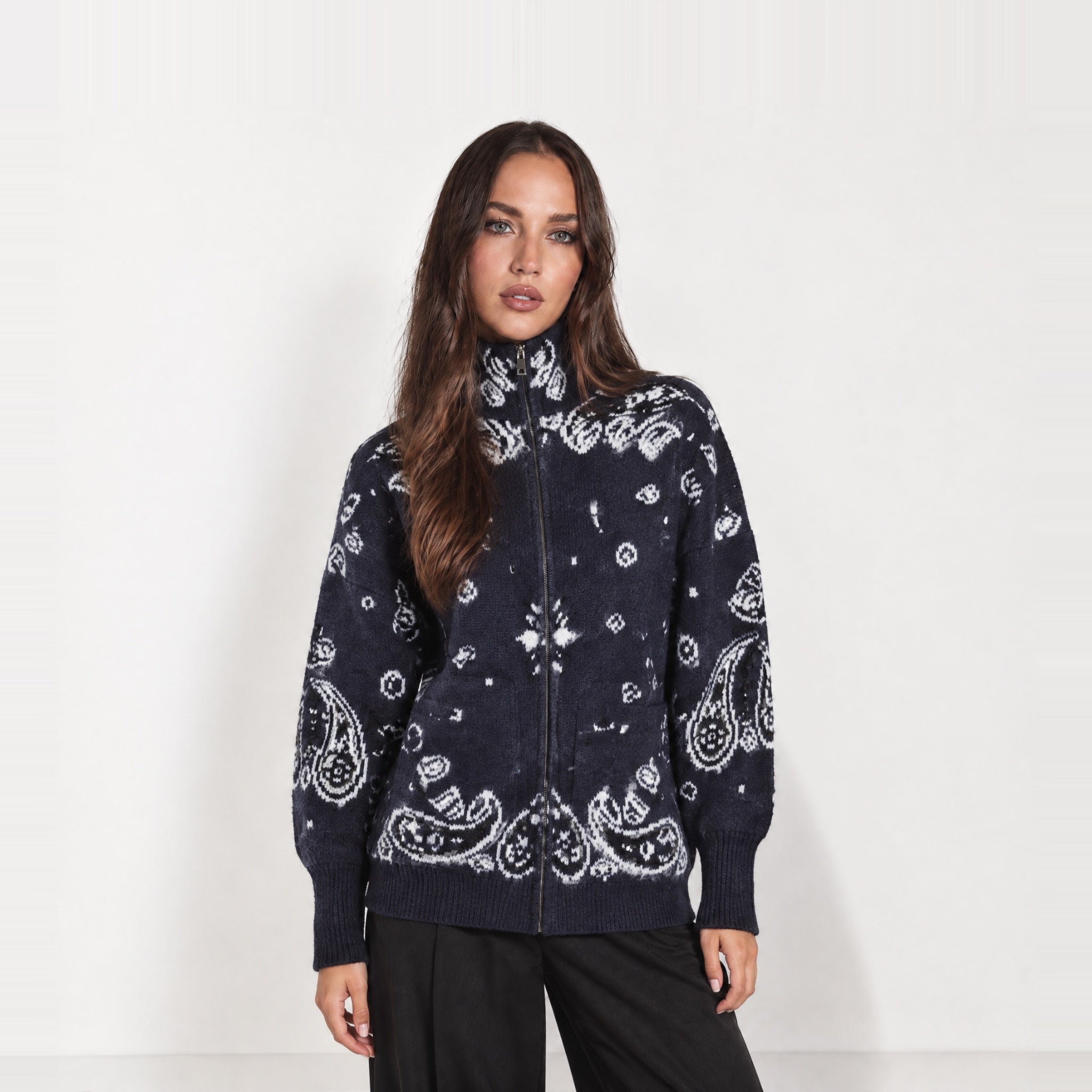Navy Zip Cardigan Paisley Jacquard Stand Collar
