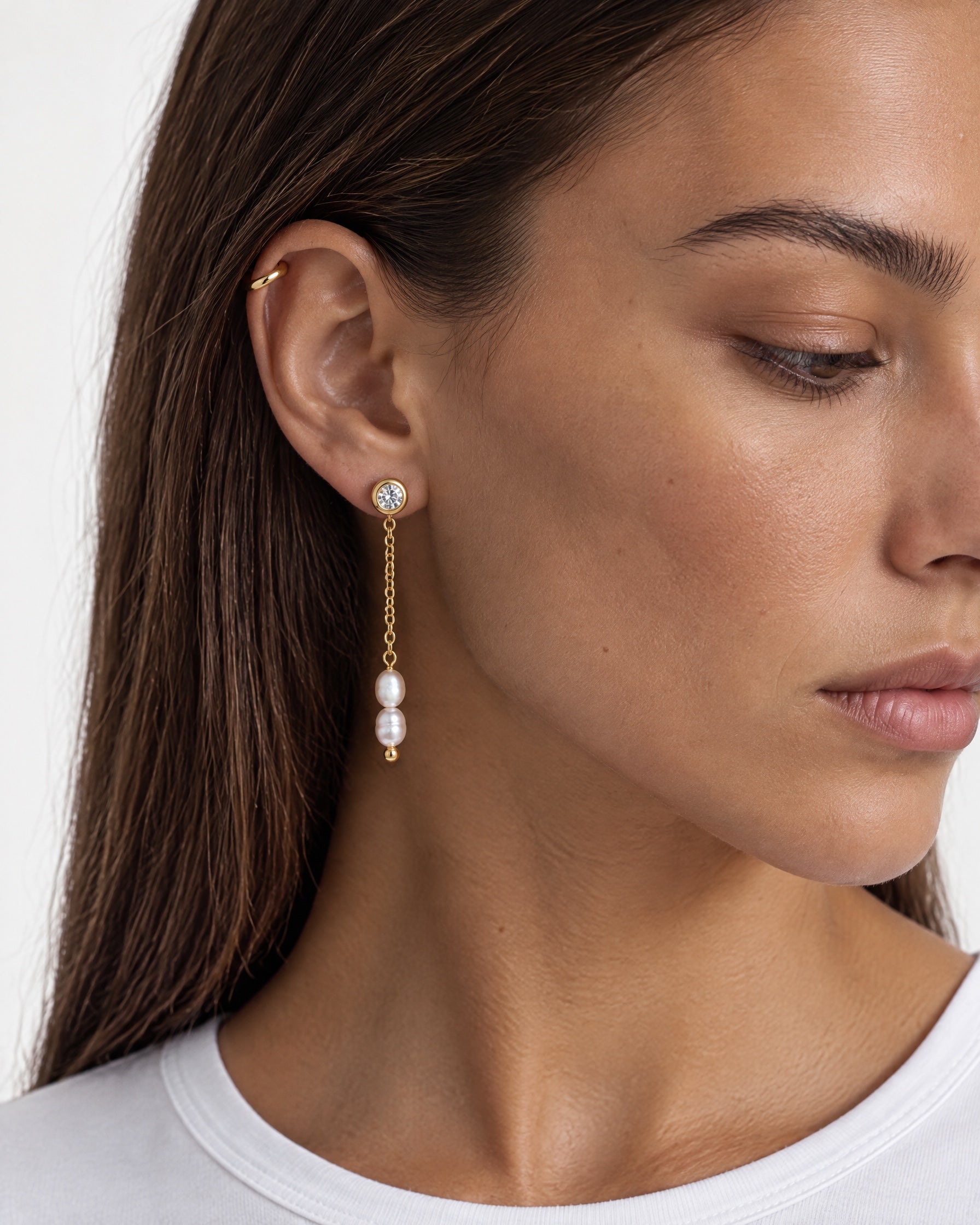 Faux Pearl Drop Earrings Gold Tone Chain