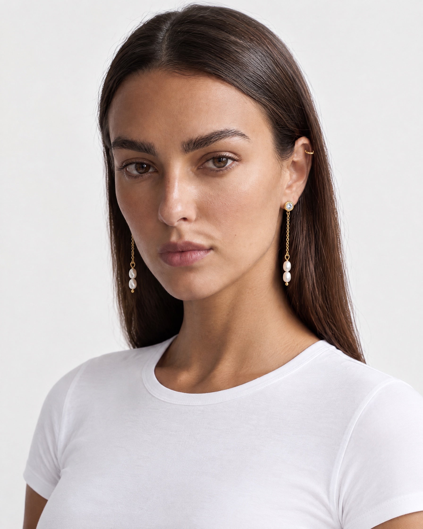 Faux Pearl Drop Earrings Gold Tone Chain