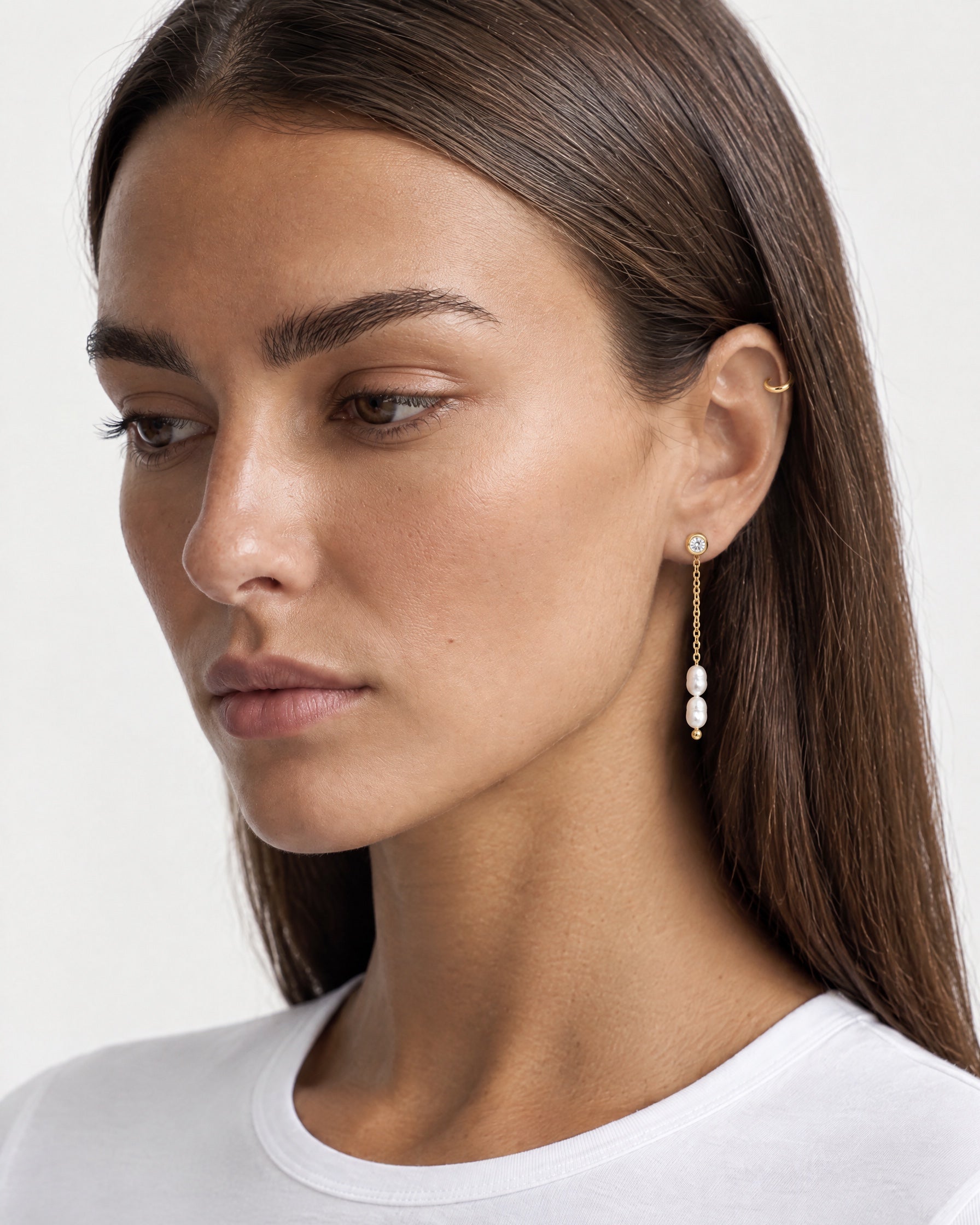 Faux Pearl Drop Earrings Gold Tone Chain