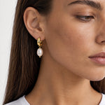 Pearl Drop Earrings Gold Tone Huggie Hoops - Gold