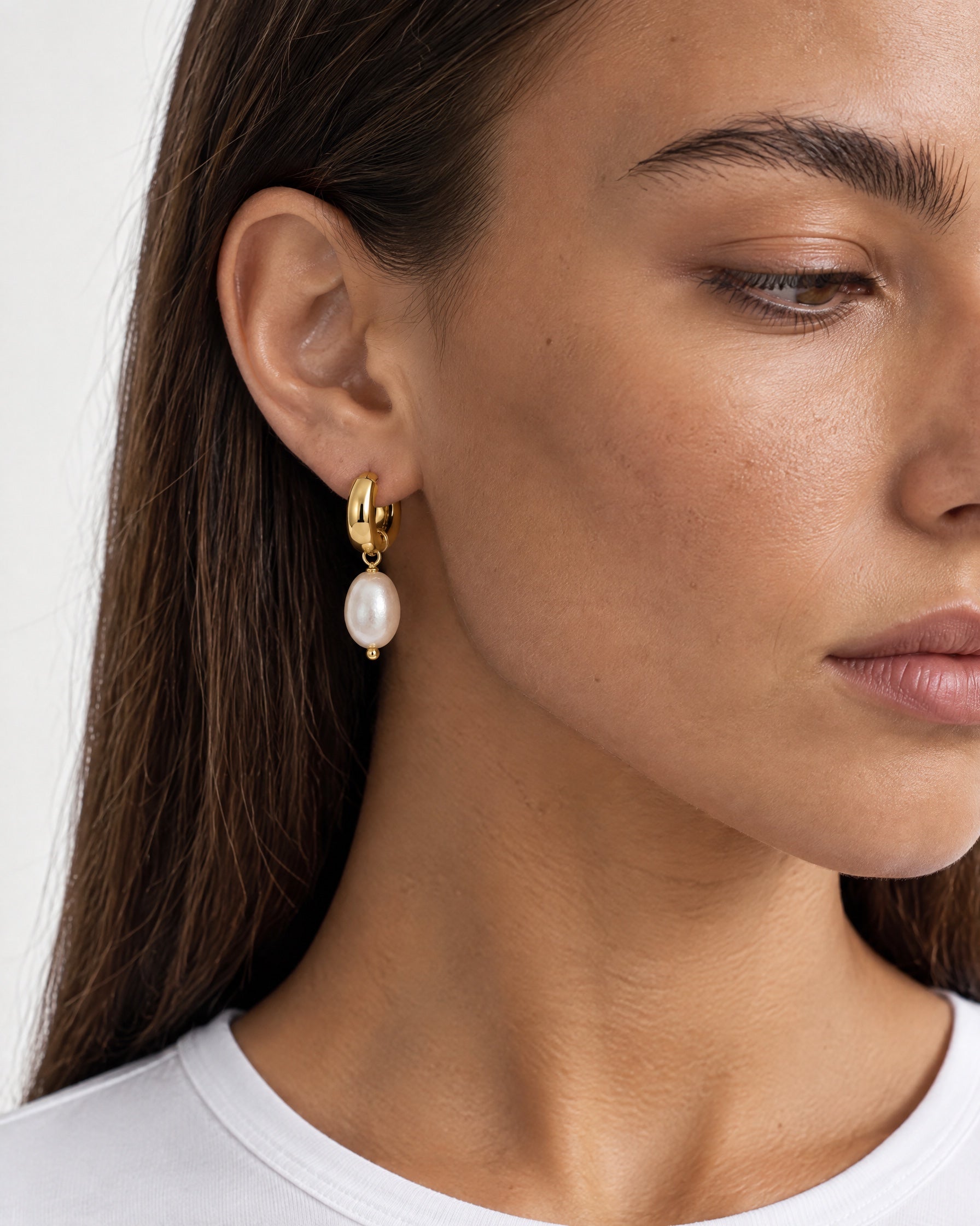 Pearl Drop Earrings Gold Tone Huggie Hoops - Gold