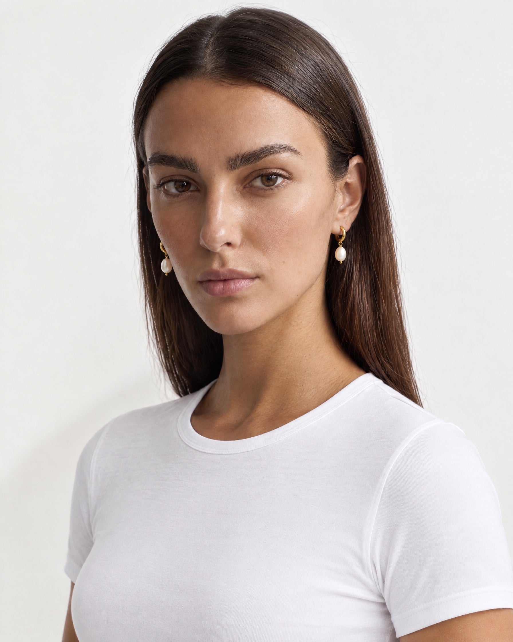 Pearl Drop Earrings Gold Tone Huggie Hoops - Gold