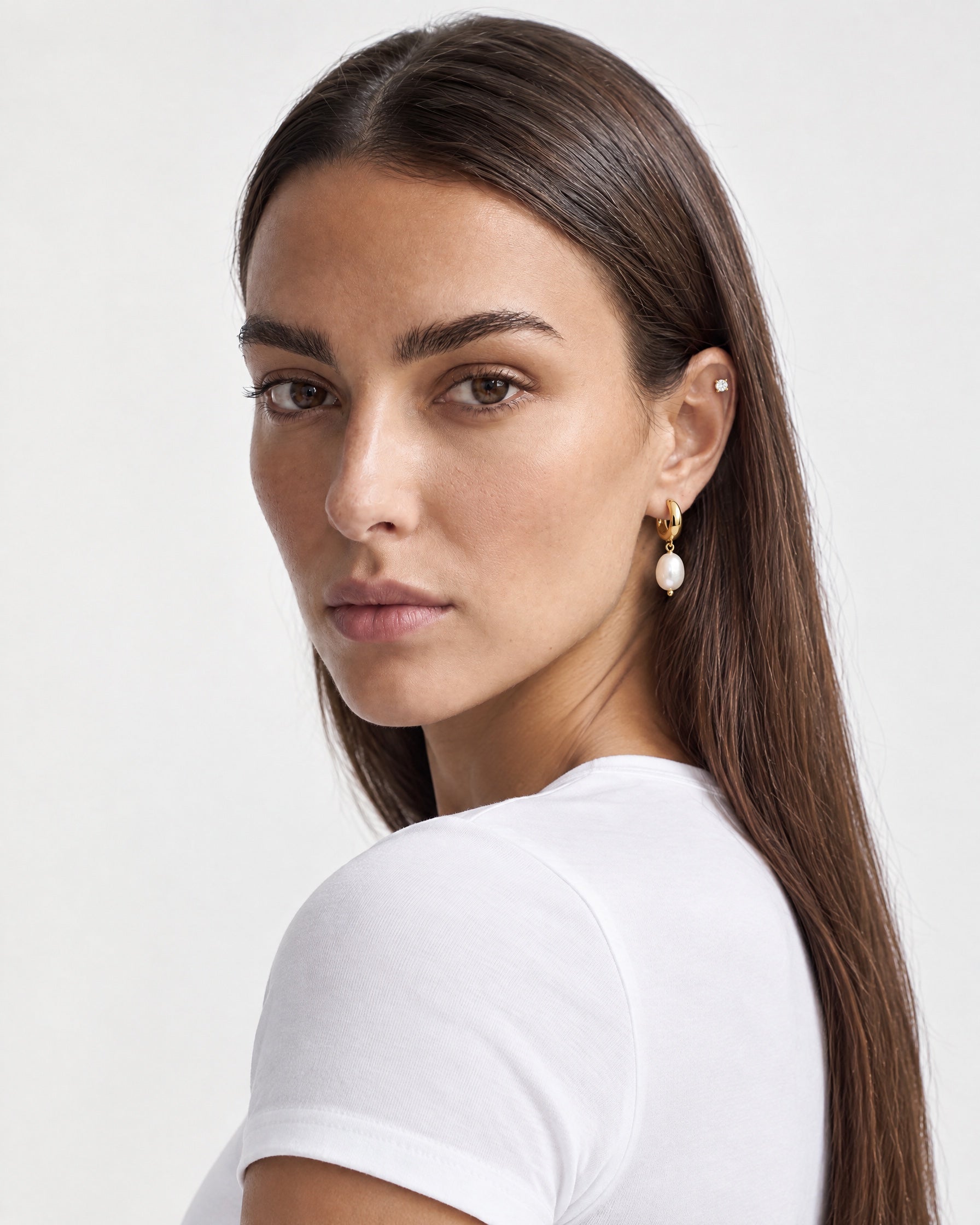 Pearl Drop Earrings Gold Tone Huggie Hoops