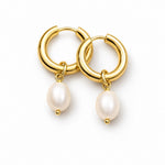 Pearl Drop Earrings Gold Tone Huggie Hoops - Gold