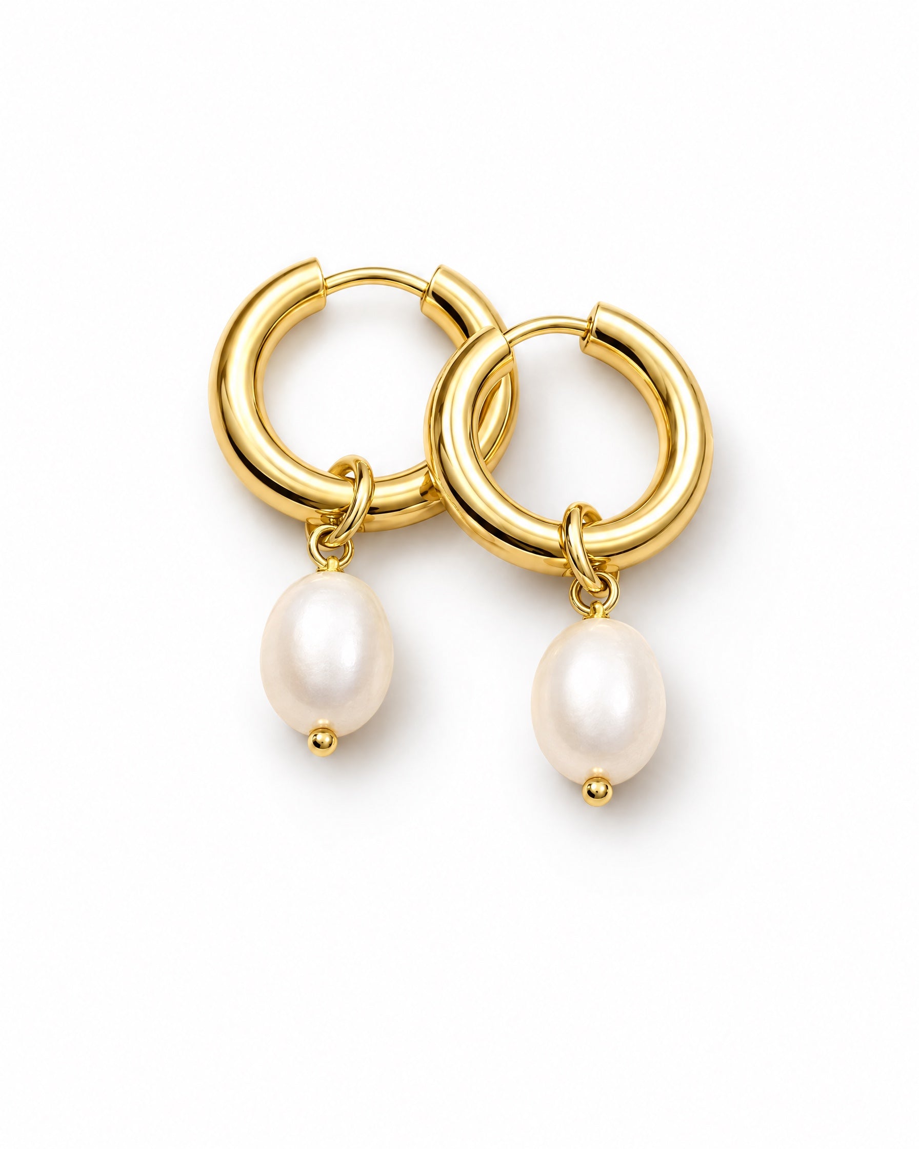 Pearl Drop Earrings Gold Tone Huggie Hoops - Gold