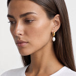 Pearl Drop Earrings Gold Tone Huggie Hoops - Gold