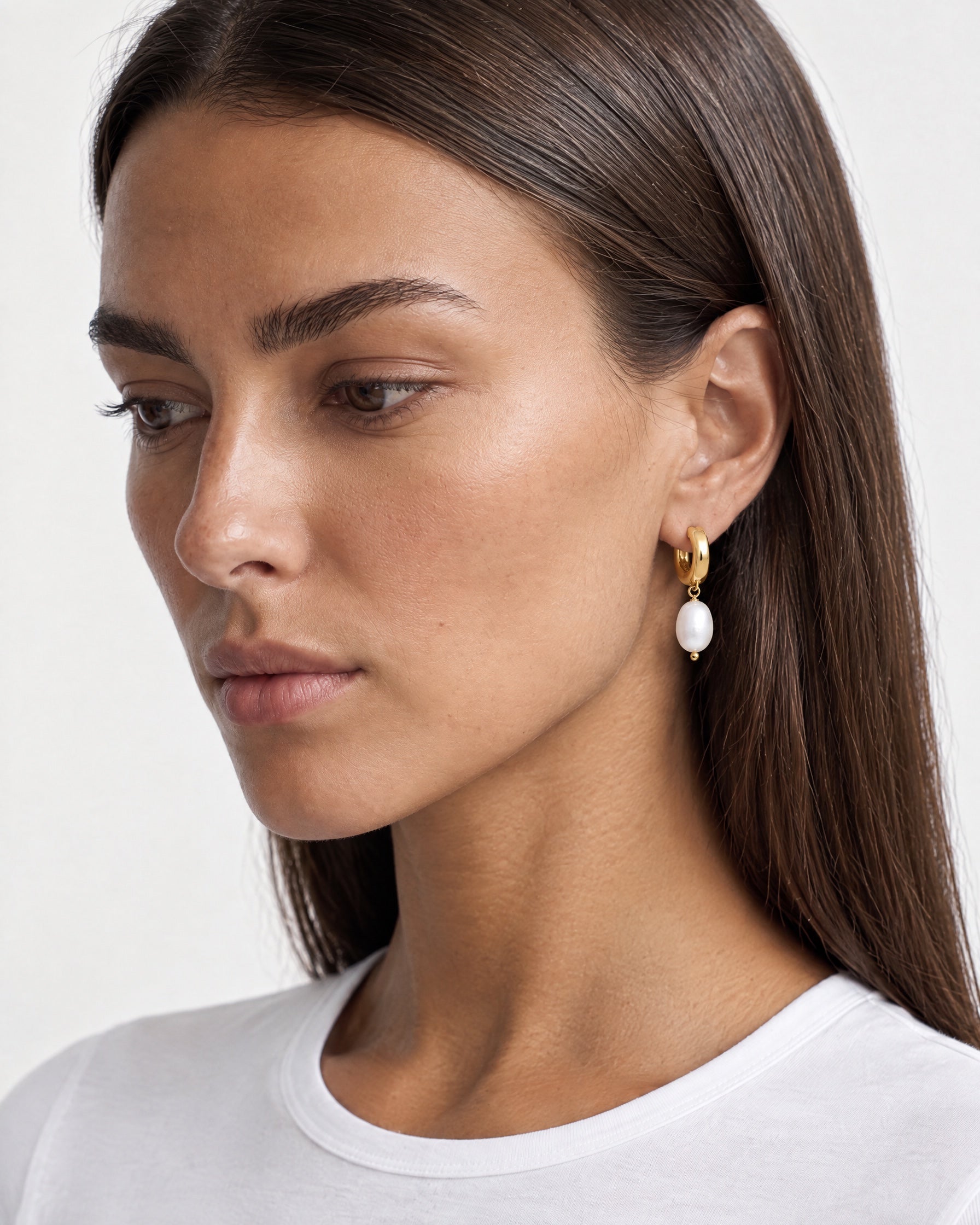 Pearl Drop Earrings Gold Tone Huggie Hoops - Gold