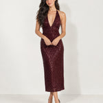 Burgundy Sequin Midi Dress Plunge Halter Open Back