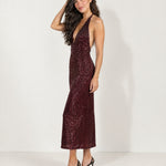Burgundy Sequin Midi Dress Plunge Halter Open Back