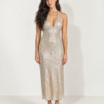 Silver Sequin Midi Dress Plunge Halter Open Back