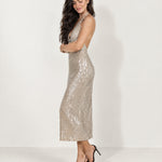 Silver Sequin Midi Dress Plunge Halter Open Back