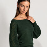 Forest Green Boat Neck Jumper Off Shoulder Knit with Pointelle Balloon Sleeves