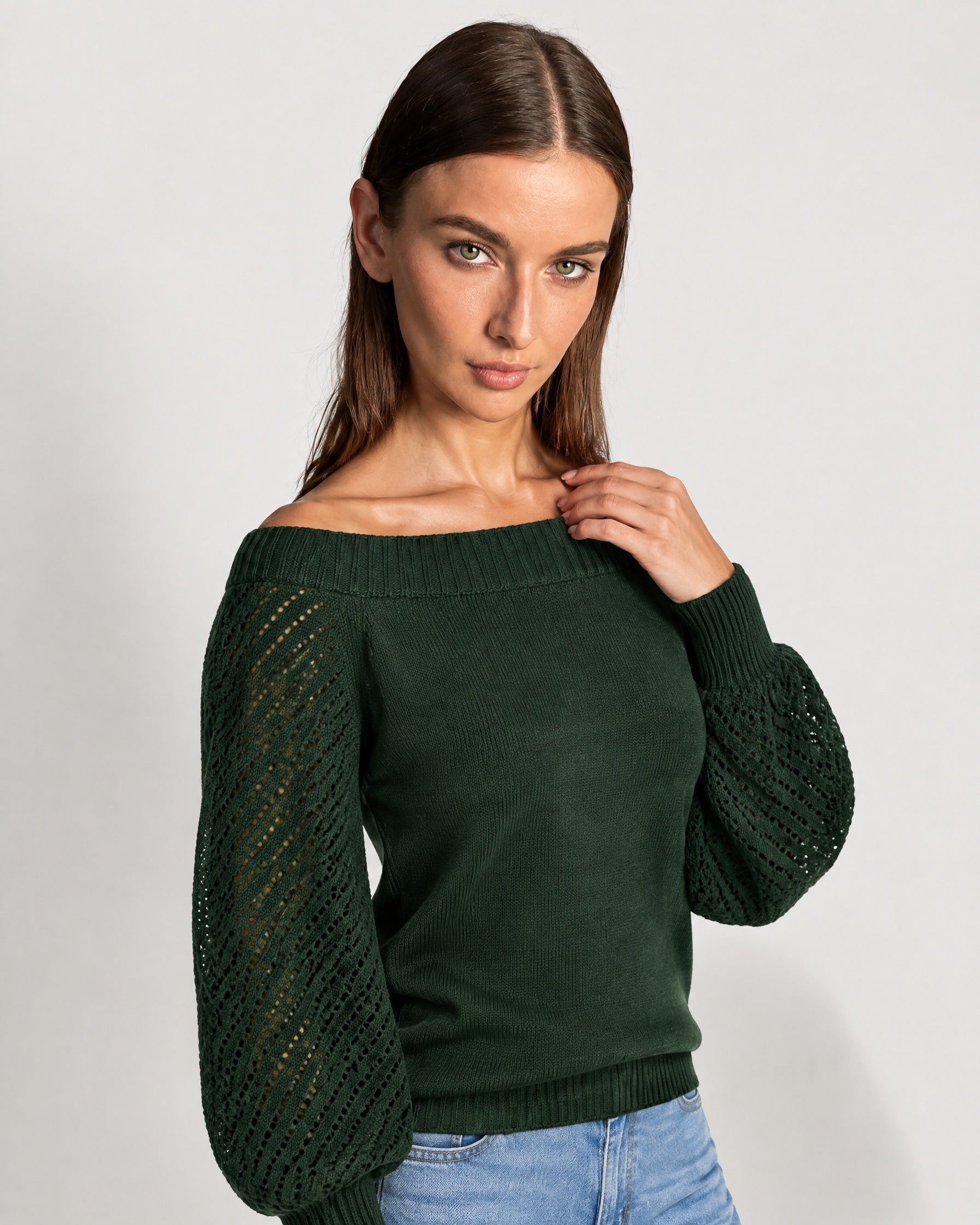 Forest Green Boat Neck Jumper Off Shoulder Knit with Pointelle Balloon Sleeves