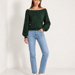 Forest Green Boat Neck Jumper Off Shoulder Knit with Pointelle Balloon Sleeves