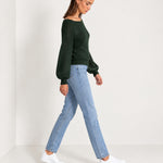 Forest Green Boat Neck Jumper Off Shoulder Knit with Pointelle Balloon Sleeves