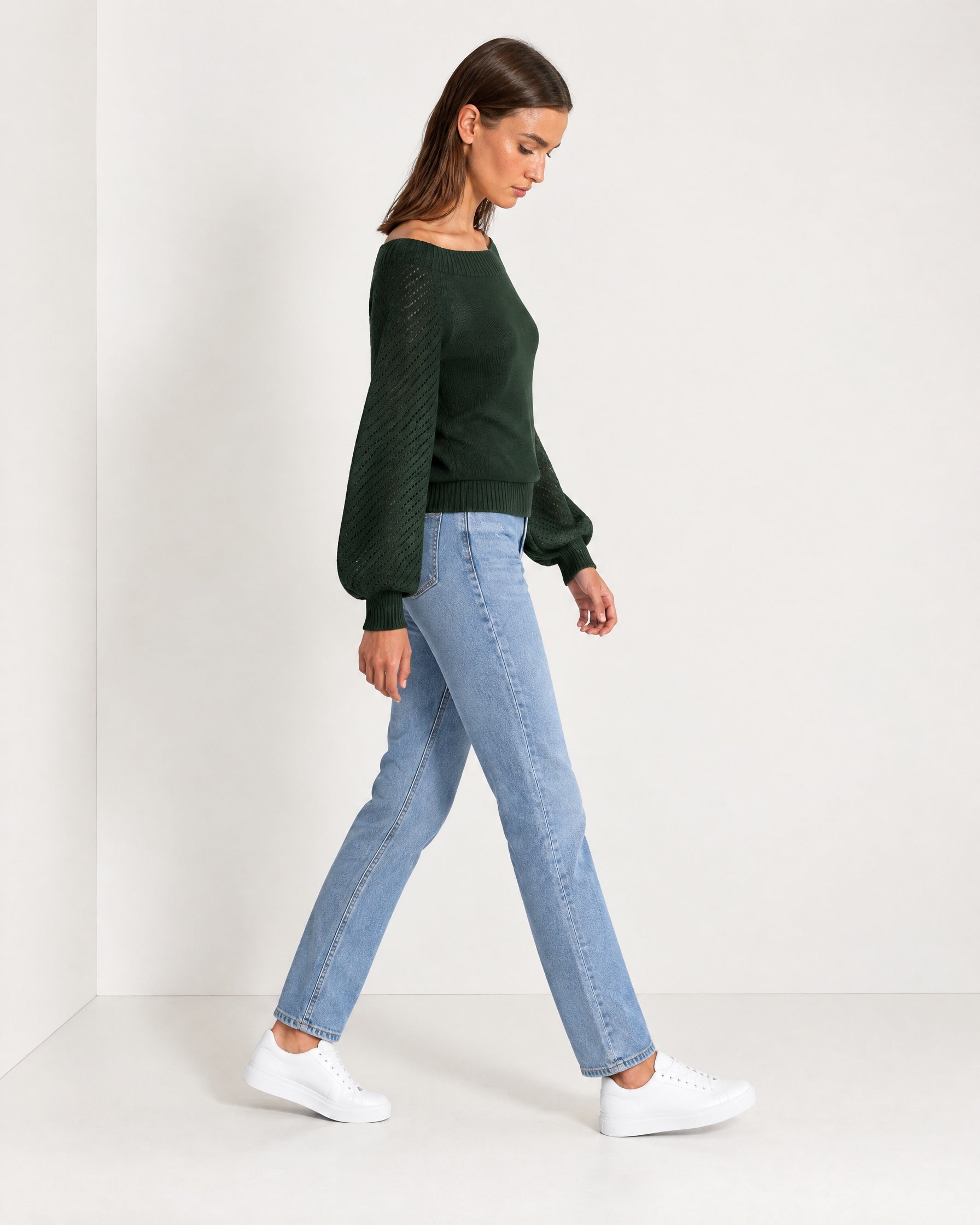 Forest Green Boat Neck Jumper Off Shoulder Knit with Pointelle Balloon Sleeves