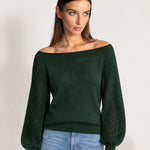 Forest Green Boat Neck Jumper Off Shoulder Knit with Pointelle Balloon Sleeves