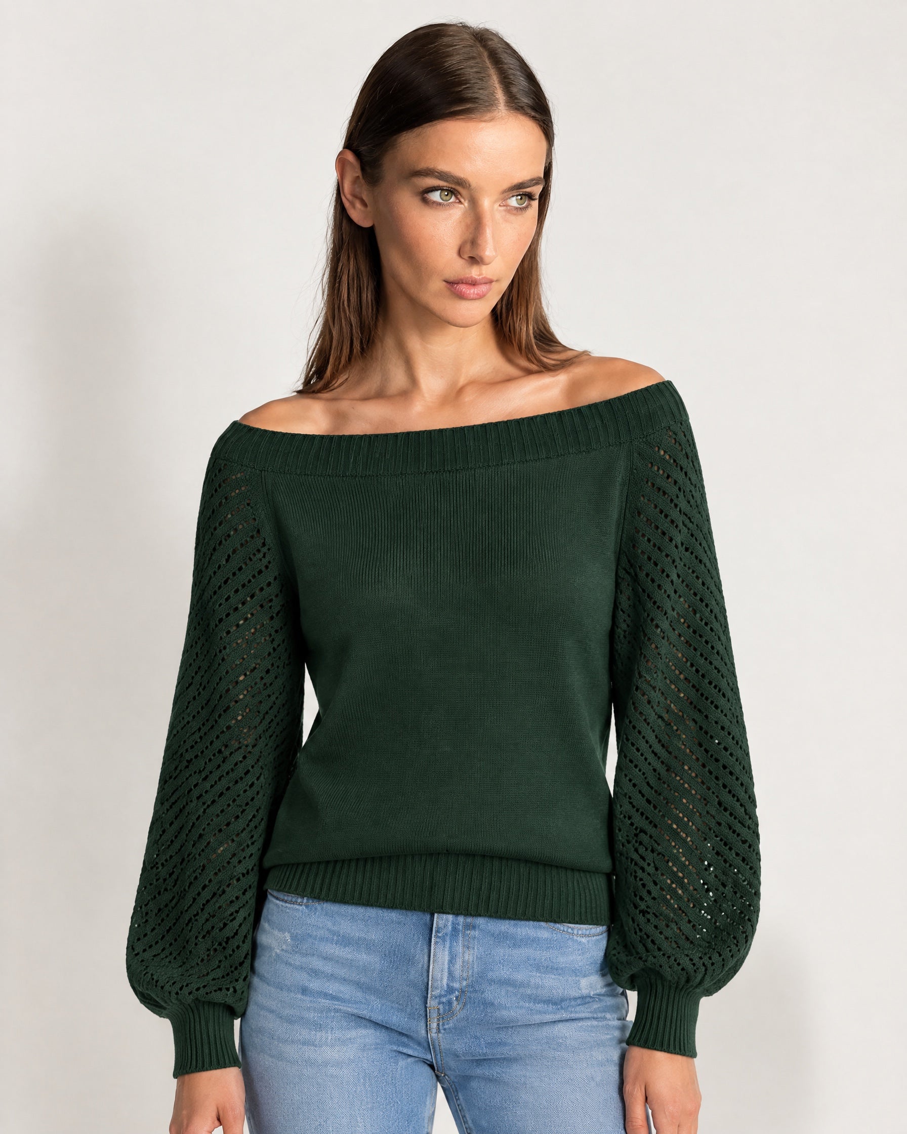 Forest Green Boat Neck Jumper Off Shoulder Knit with Pointelle Balloon Sleeves