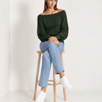 Forest Green Boat Neck Jumper Off Shoulder Knit with Pointelle Balloon Sleeves