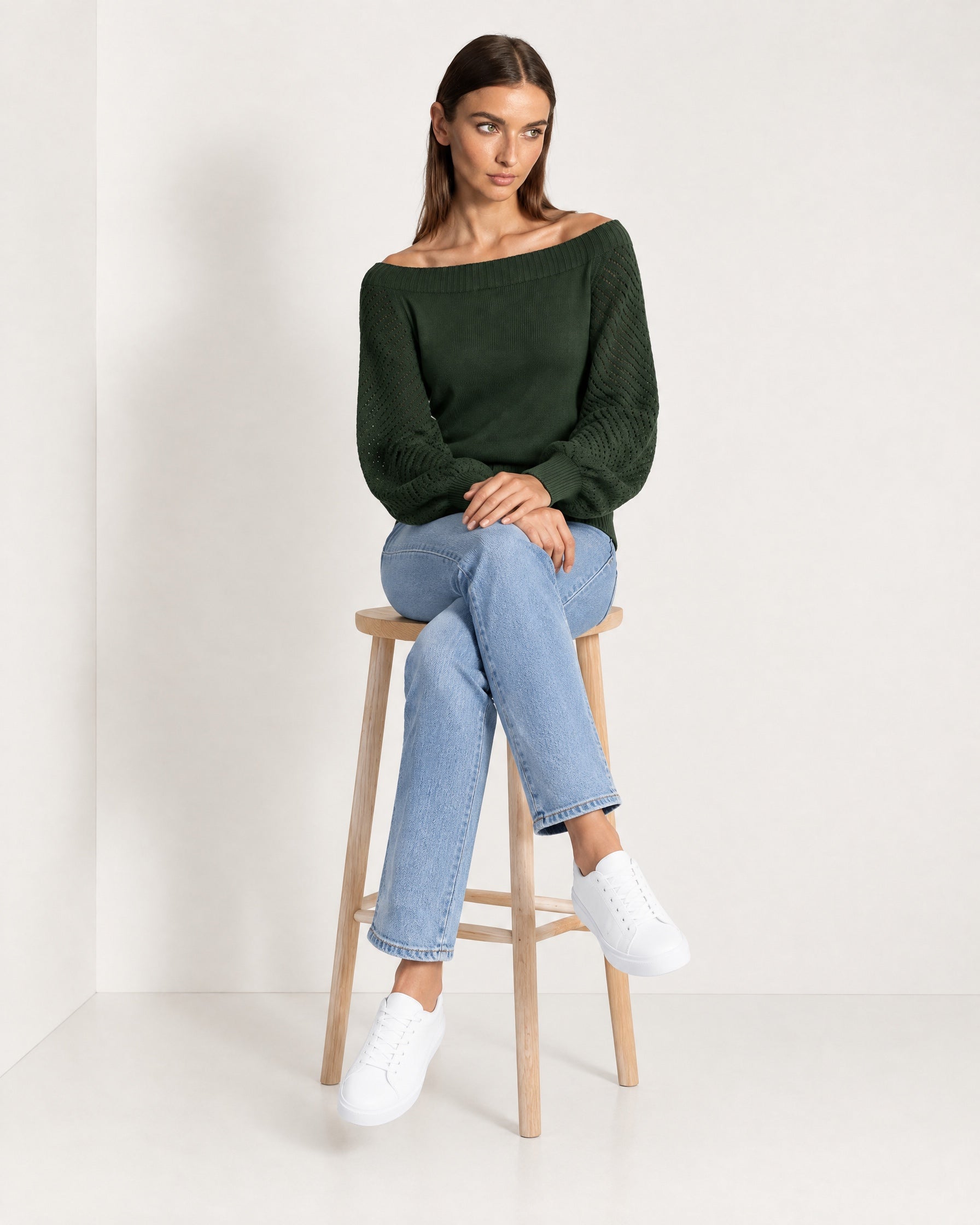 Forest Green Boat Neck Jumper Off Shoulder Knit with Pointelle Balloon Sleeves