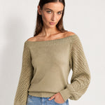 Khaki Boat Neck Jumper Off Shoulder Knit with Pointelle Balloon Sleeves