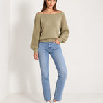 Khaki Boat Neck Jumper Off Shoulder Knit with Pointelle Balloon Sleeves