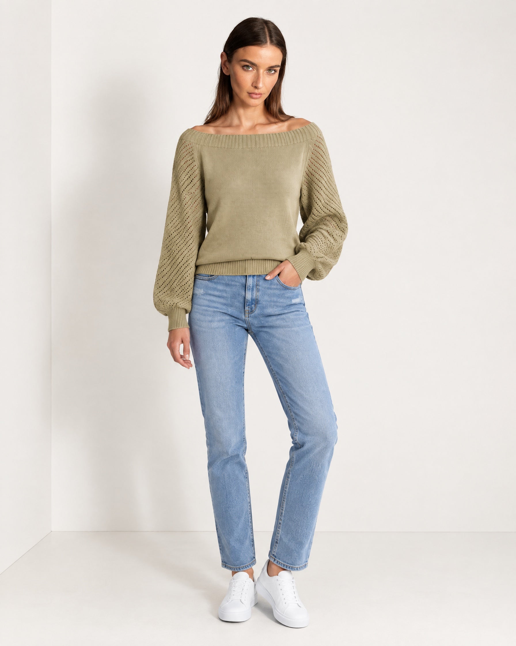 Khaki Boat Neck Jumper Off Shoulder Knit with Pointelle Balloon Sleeves