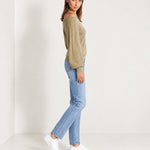 Khaki Boat Neck Jumper Off Shoulder Knit with Pointelle Balloon Sleeves